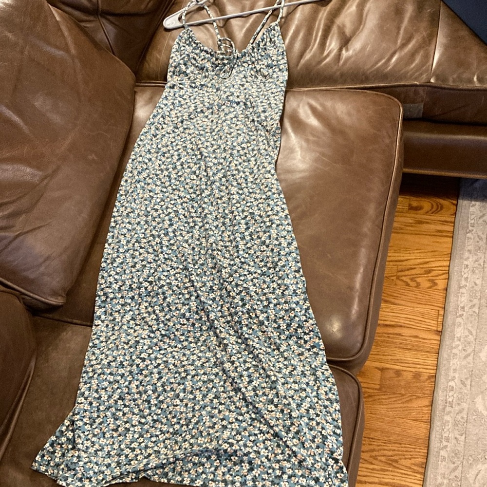 Blue, pink and white maxi dress with a cute tie front like new—only worn once!